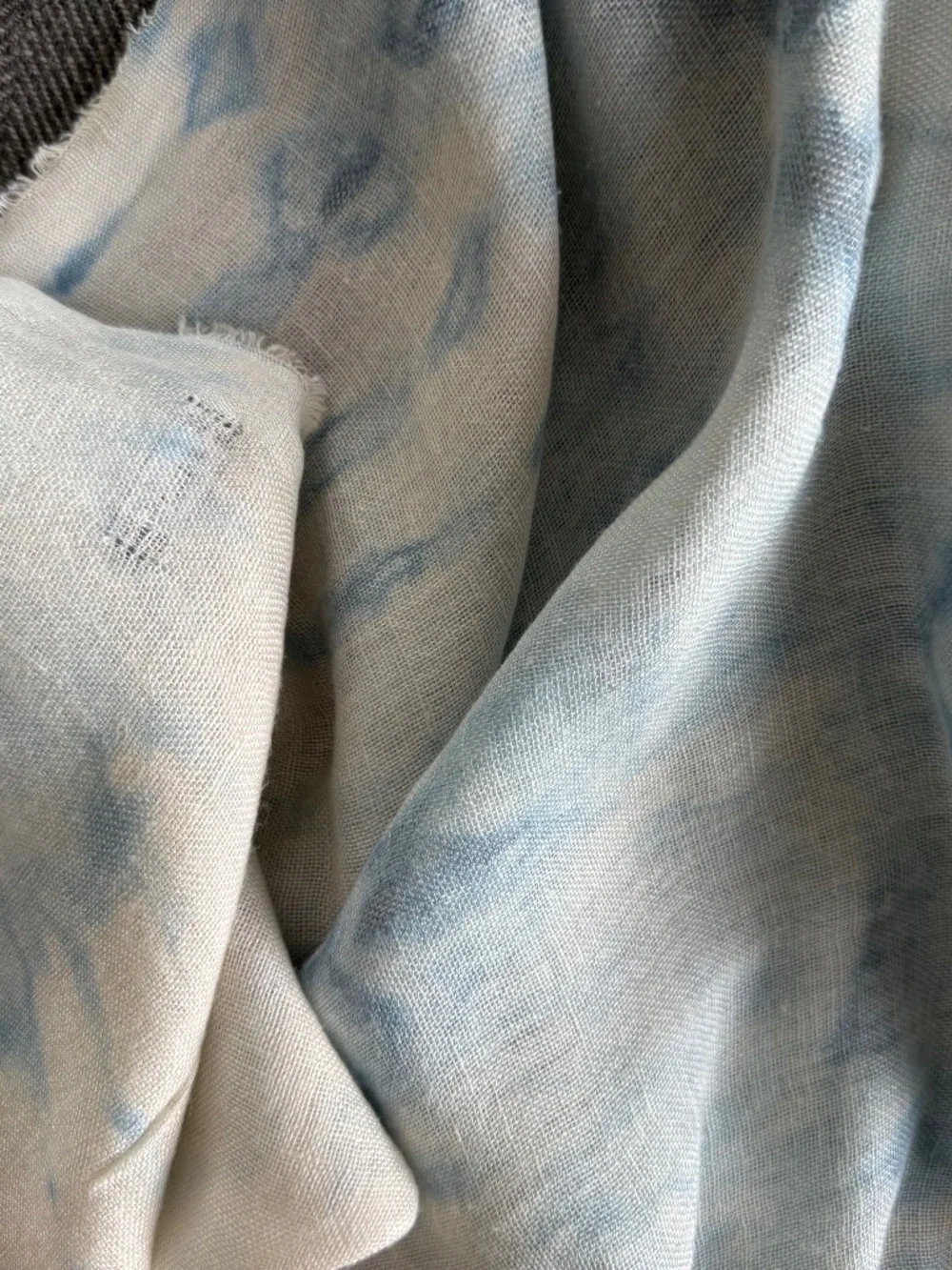 JCREW, LIGHT COLORED LINEN SCARF WITH SUBTLE AND LIGHT INDIGO PRINTED ON IT